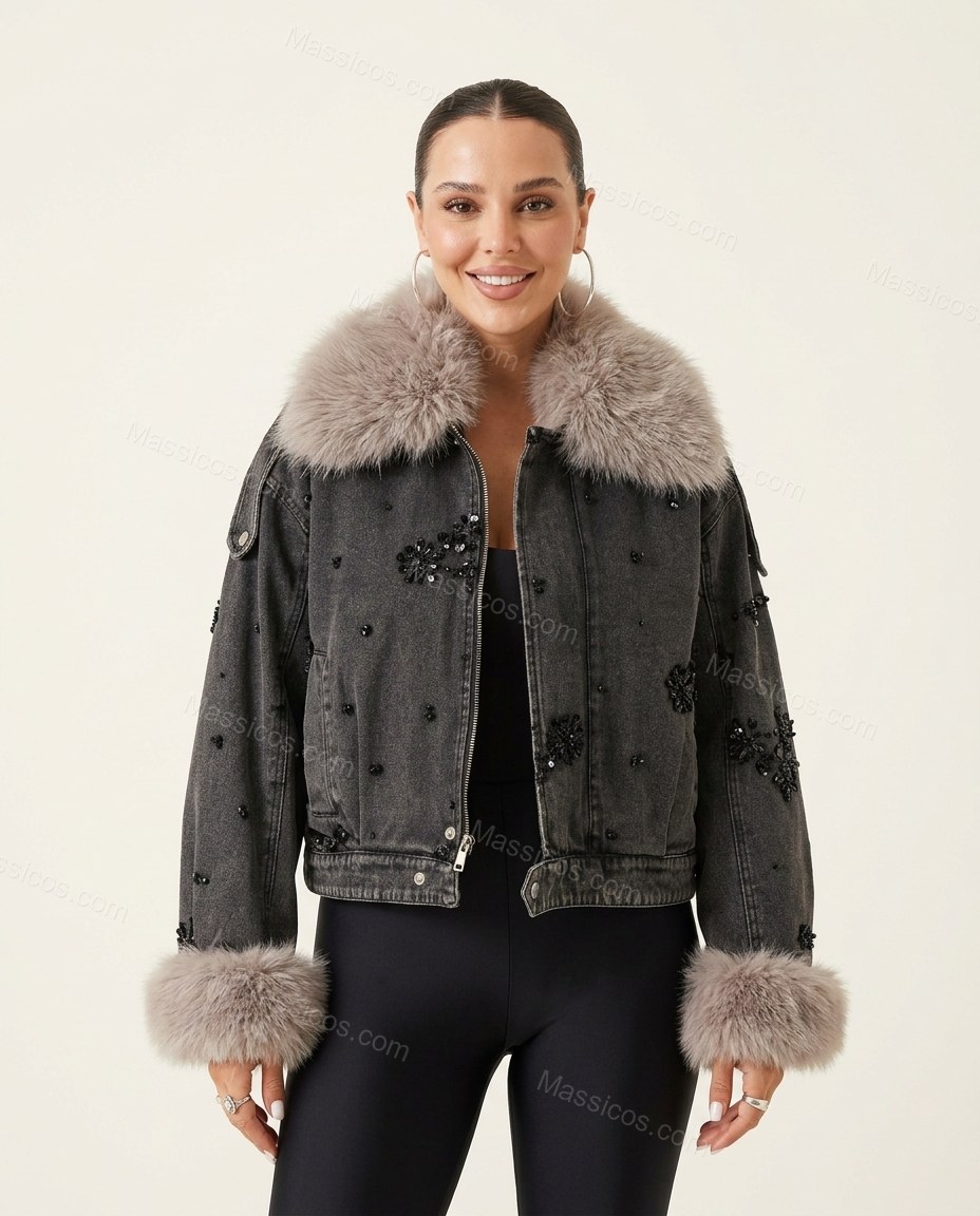 Washed Charcoal Gray Denim Jacket, full-length hero view, by Massicos