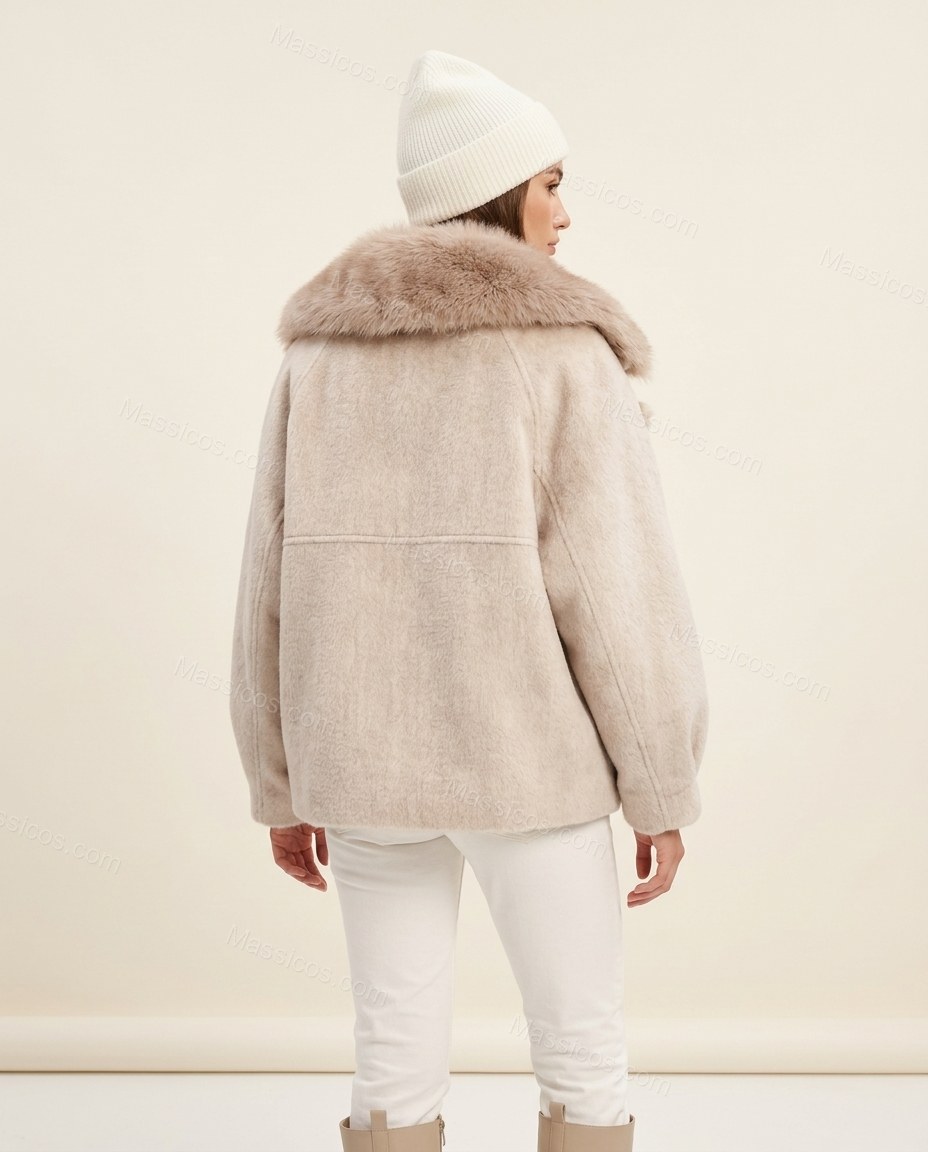 Pale Ivory Beige Faux-Fur Jacket, back studio view, by Massicos