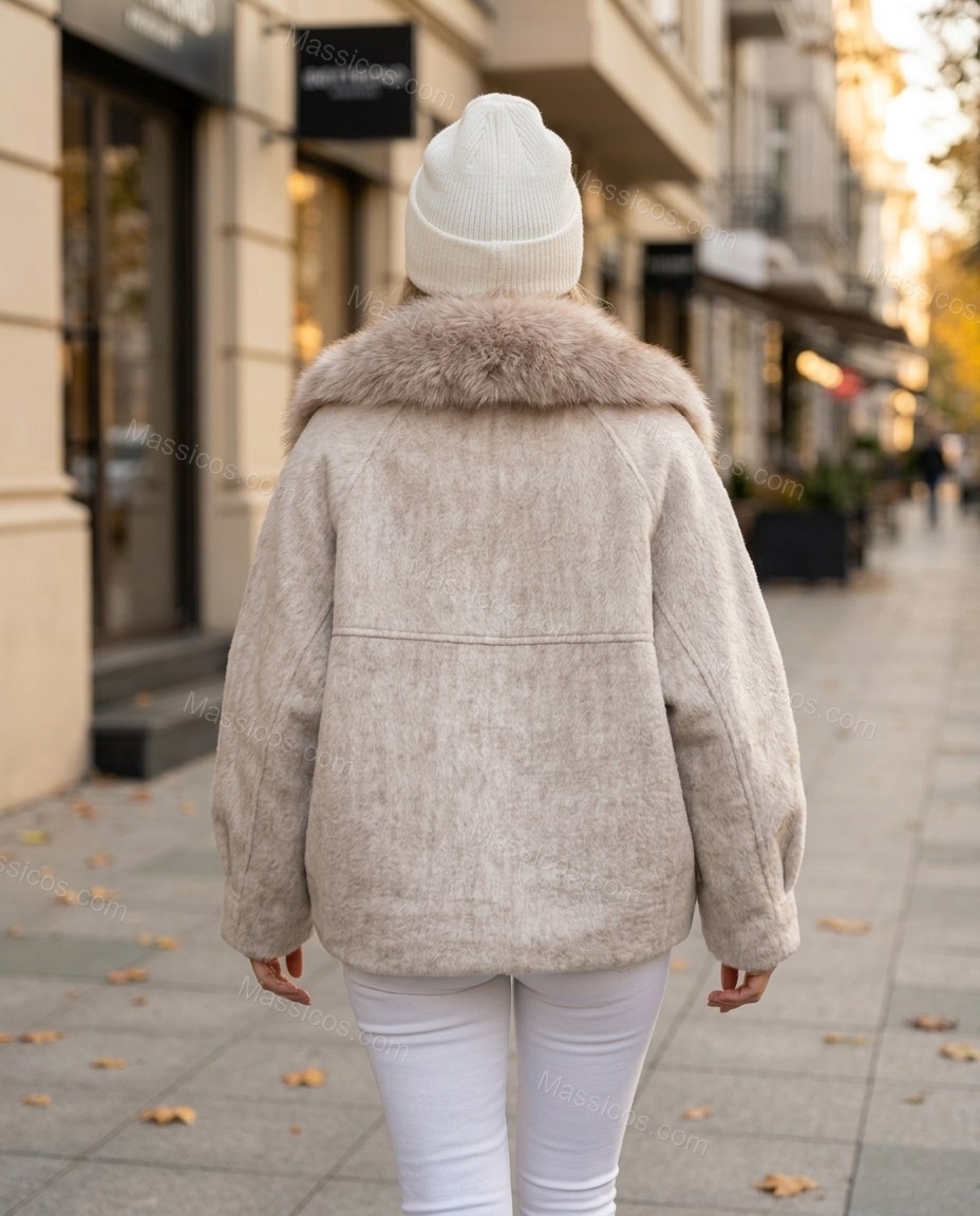 Pale Ivory Beige Faux-Fur Jacket, walking lifestyle view, by Massicos