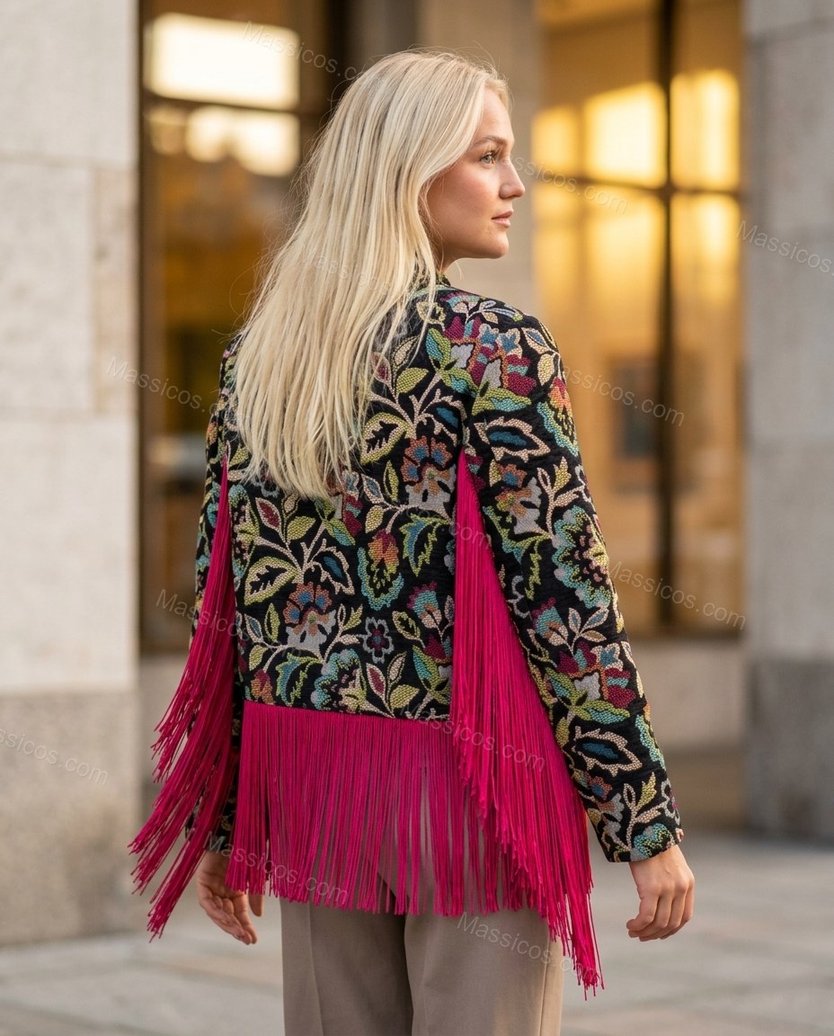 Black with Multi-Color Florals Fringe Jacket, three-quarter brand lifestyle view, by Massicos