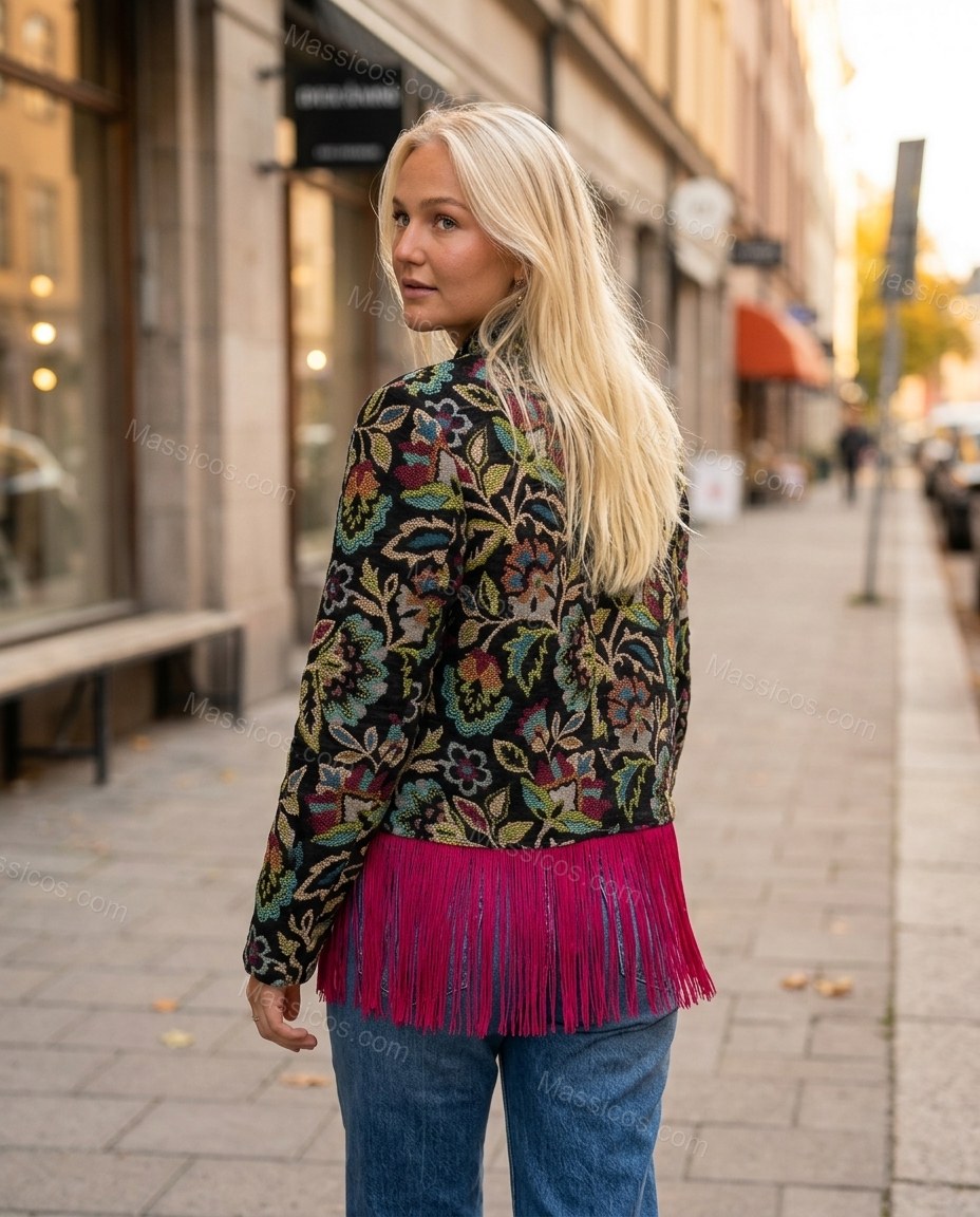 Black with Multi-Color Florals Fringe Jacket, walking lifestyle view, by Massicos