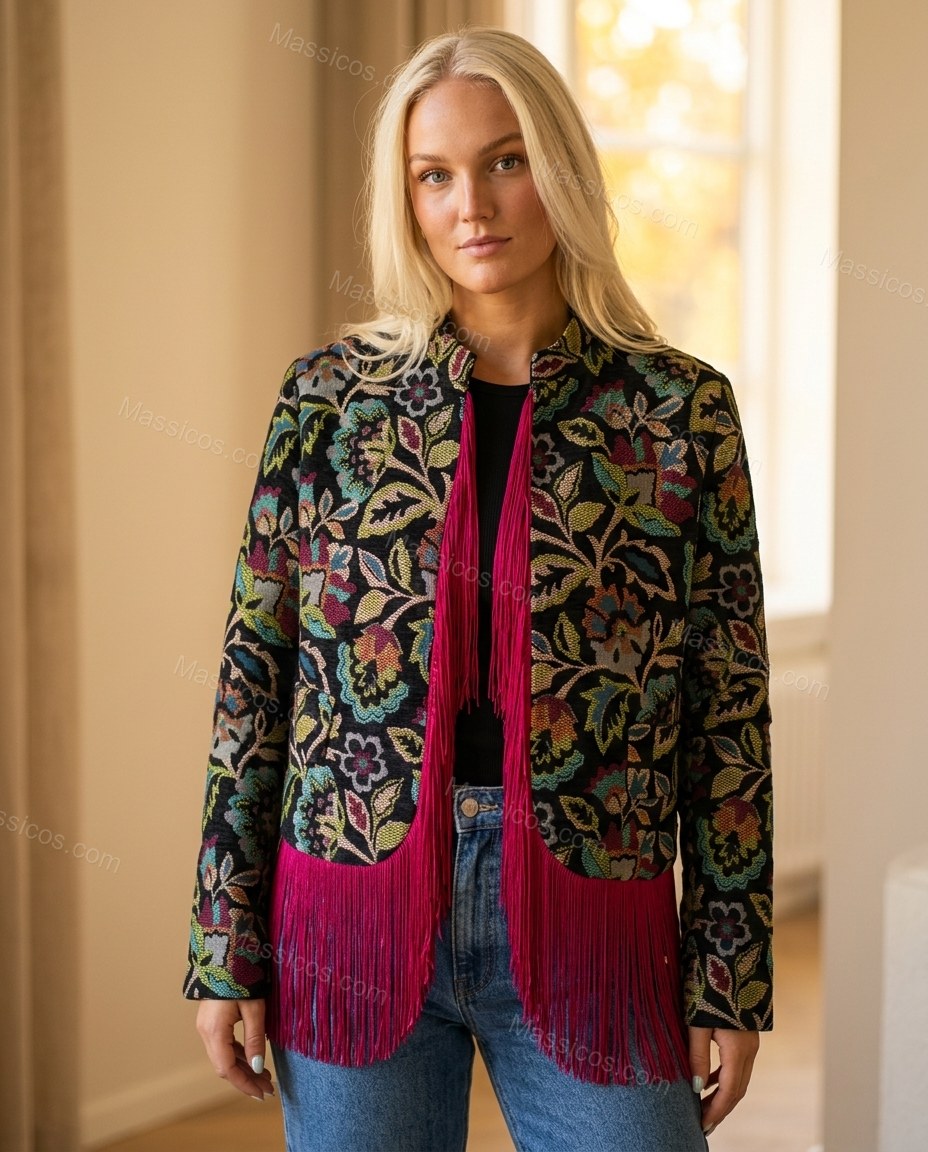 Black with Multi-Color Florals Fringe Jacket, full-length hero view, by Massicos
