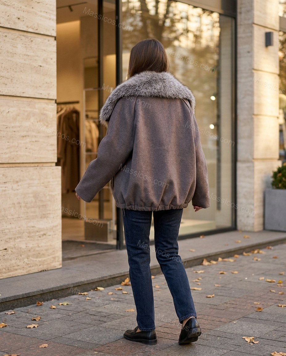 Muted Charcoal Taupe Faux-Fur Jacket, walking lifestyle view, by Massicos