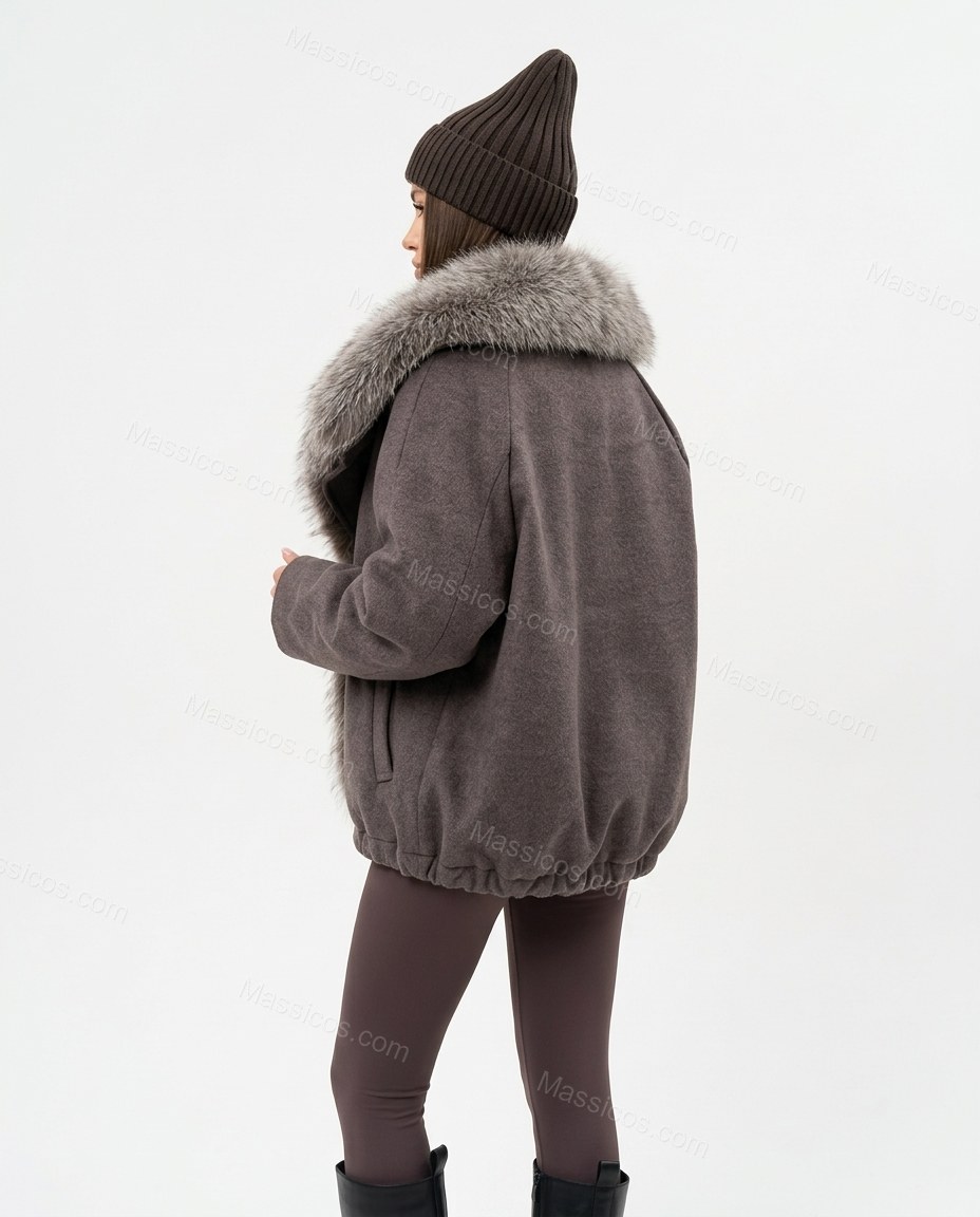 Muted Charcoal Taupe Faux-Fur Jacket, back studio view, by Massicos