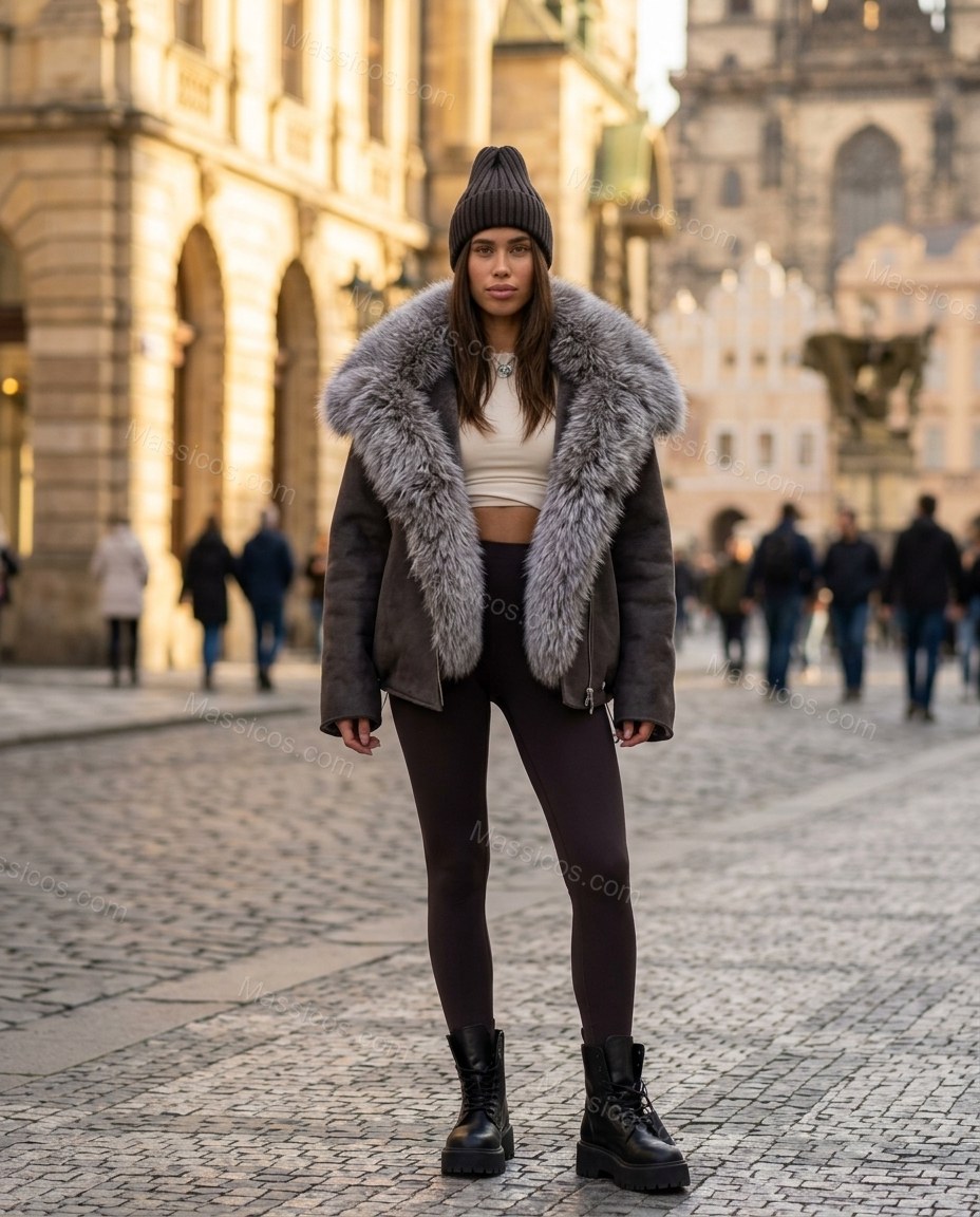 Muted Charcoal Taupe Faux-Fur Jacket, full-length hero view, by Massicos