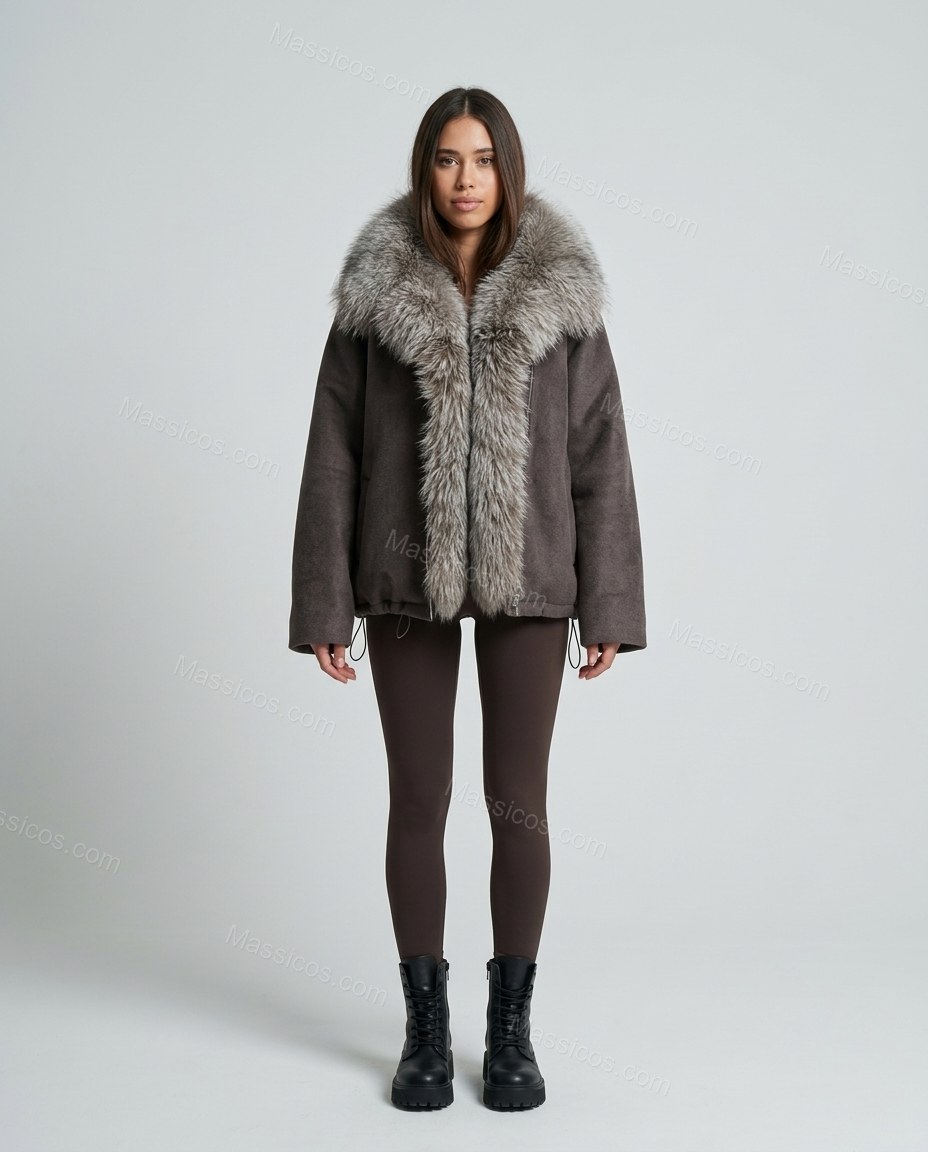 Muted Charcoal Taupe Faux-Fur Jacket, front studio view, by Massicos