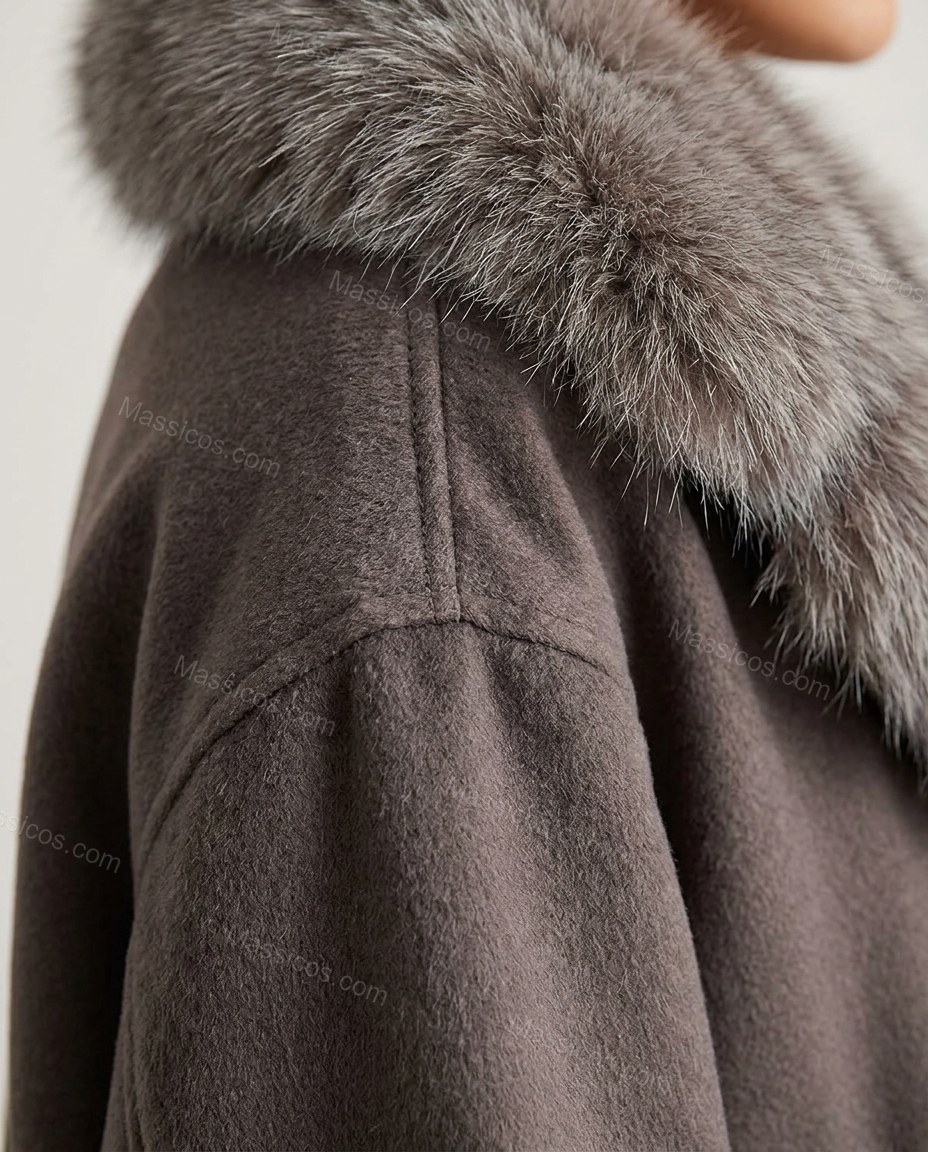 Muted Charcoal Taupe Faux-Fur Jacket, close-up of smoky grey trim accents, faux fur collar and front pockets, by Massicos
