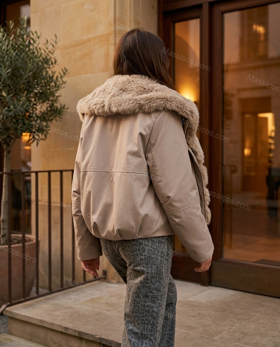 Pale Taupe Beige Faux-Fur Ribbed Jacket, three-quarter brand lifestyle view, by Massicos