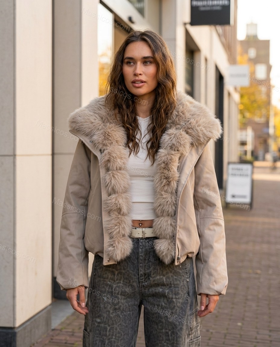 Pale Taupe Beige Faux-Fur Ribbed Jacket, alternate use-case lifestyle view, by Massicos