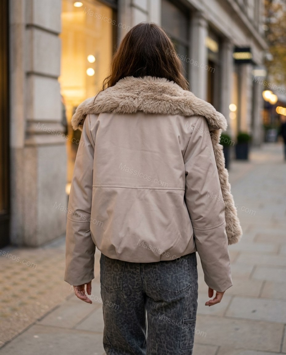 Pale Taupe Beige Faux-Fur Ribbed Jacket, walking lifestyle view, by Massicos