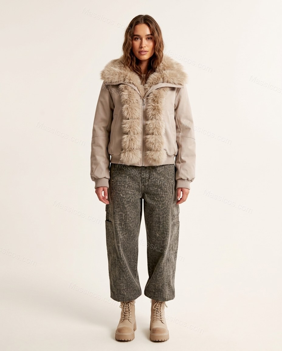 Pale Taupe Beige Faux-Fur Ribbed Jacket, front studio view, by Massicos