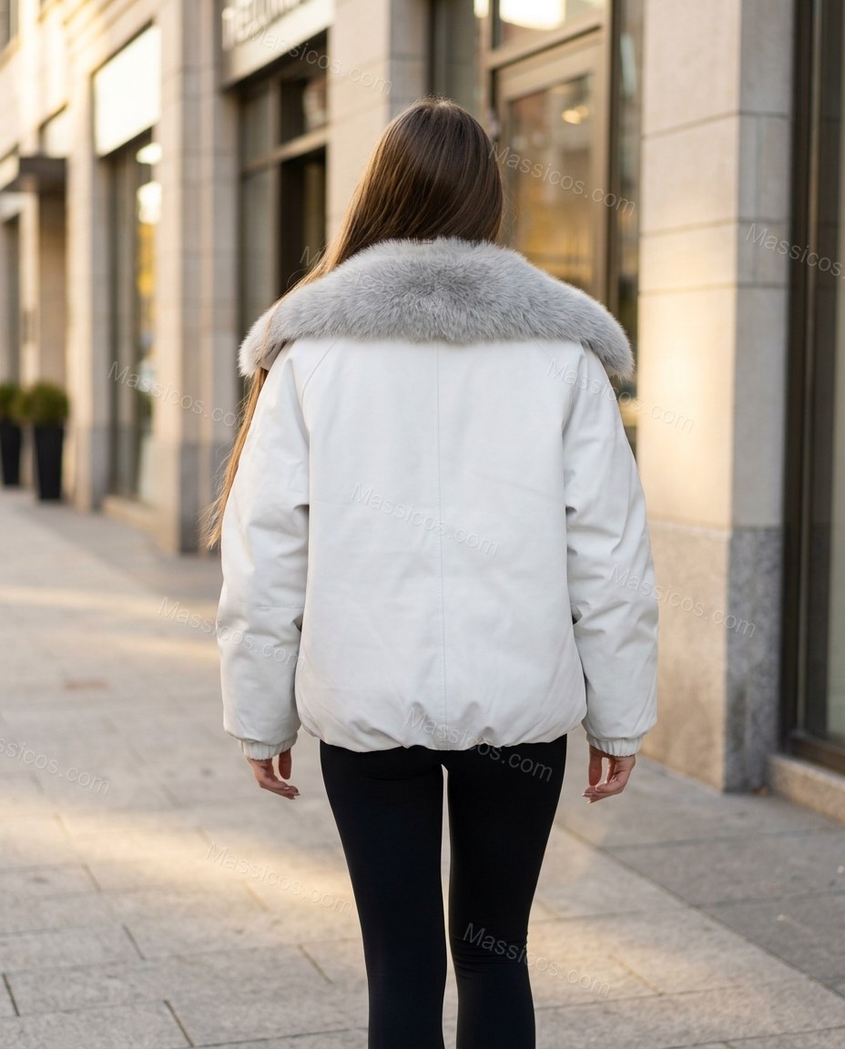 White Faux-Fur Ribbed Jacket, three-quarter brand lifestyle view, by Massicos