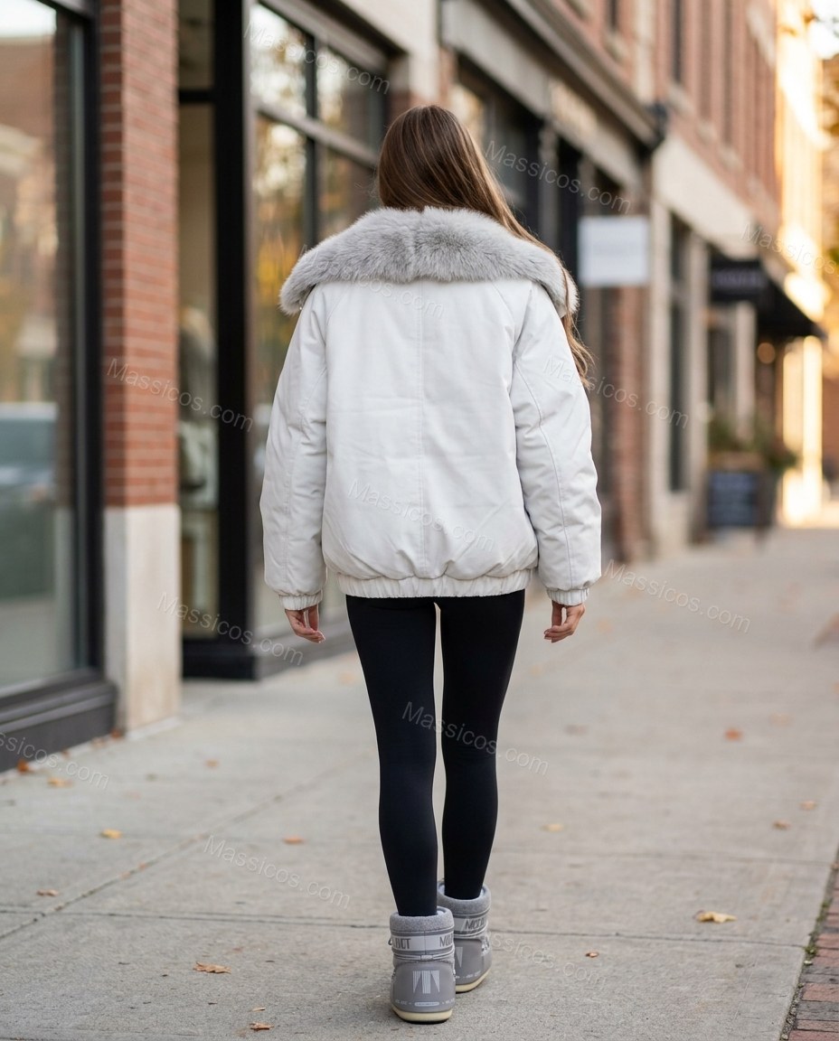 White Faux-Fur Ribbed Jacket, walking lifestyle view, by Massicos