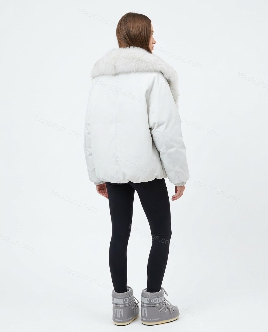 White Faux-Fur Ribbed Jacket, back studio view, by Massicos