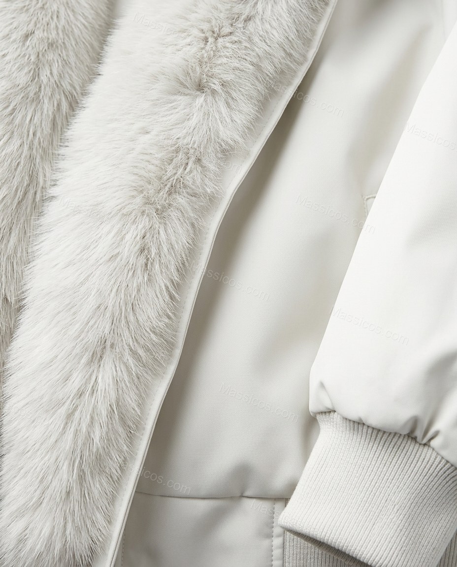 White Faux-Fur Ribbed Jacket, close-up of pale silver-white trim accents, faux fur trim and ribbed cuffs, by Massicos