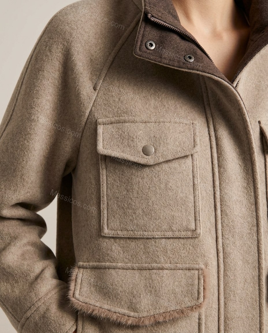 Light Warm Grey Taupe Jacket, close-up of dark brown accents, front zipper closure and snap button closures, by Massicos