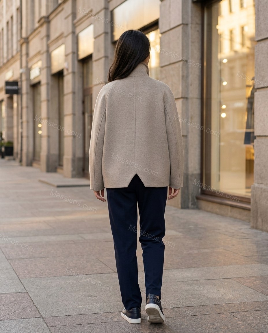 Light Warm Grey Taupe Jacket, walking lifestyle view, by Massicos
