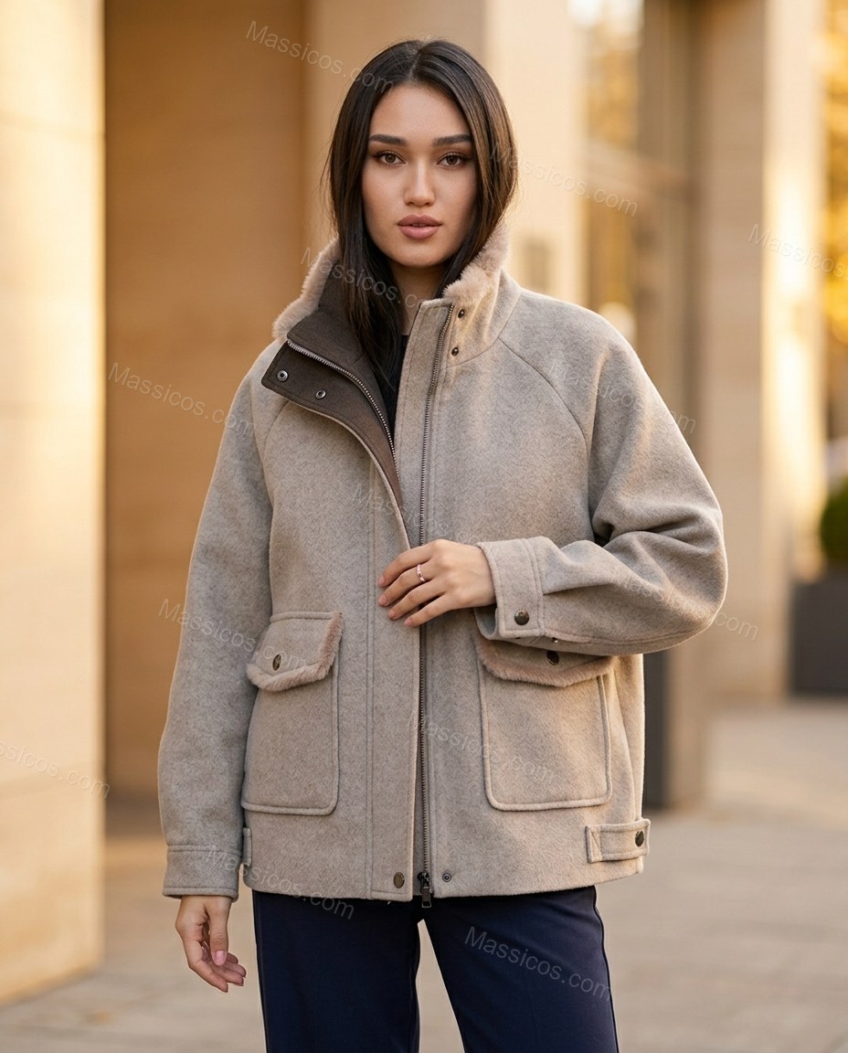 Light Warm Grey Taupe Jacket, full-length hero view, by Massicos