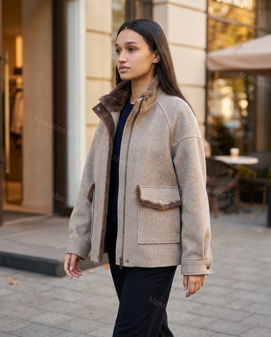 Light Warm Grey Taupe Jacket, movement and fit lifestyle view, by Massicos