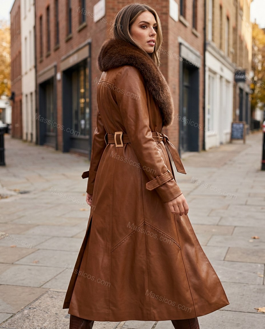 Cognac Brown Faux-Fur Coat, movement and fit lifestyle view, by Massicos