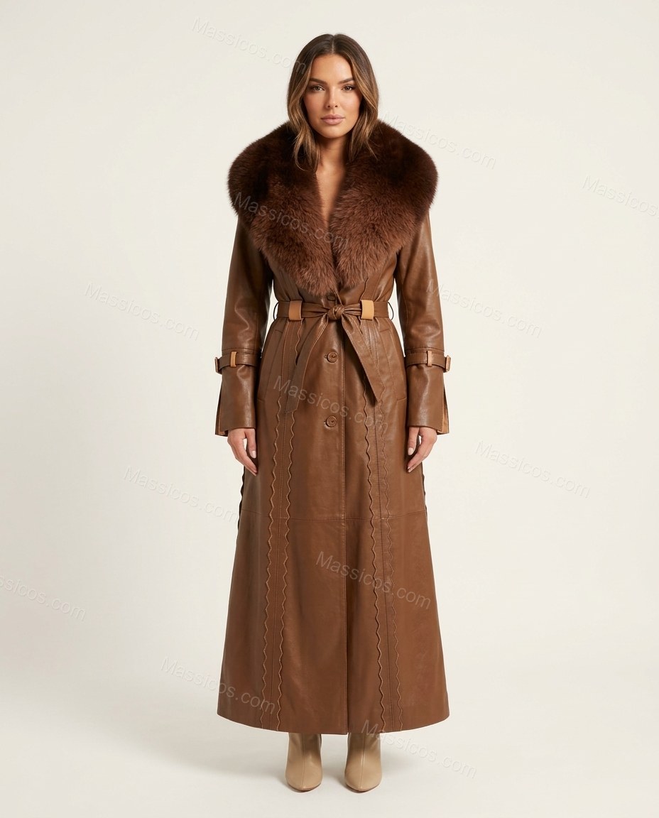 Cognac Brown Faux-Fur Coat, front studio view, by Massicos