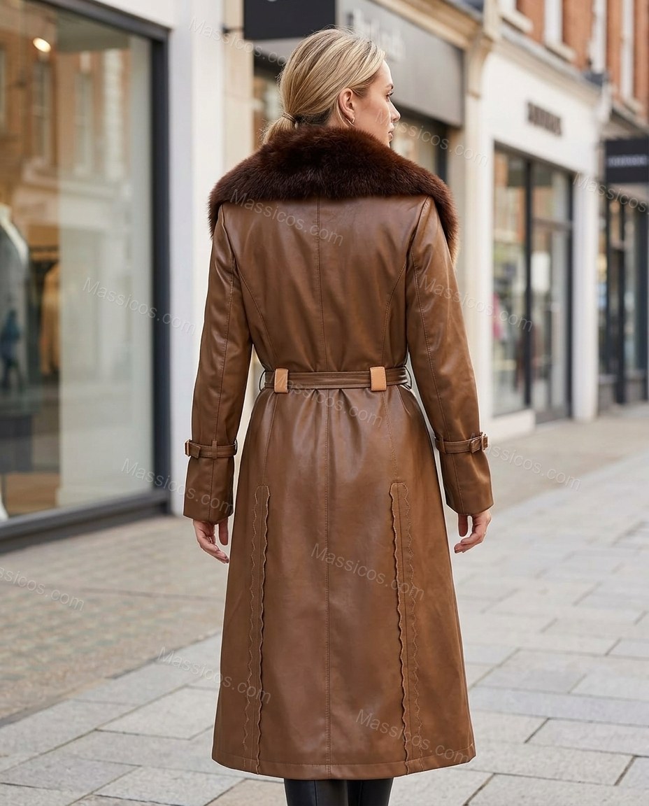 Cognac Brown Faux-Fur Coat, walking lifestyle view, by Massicos
