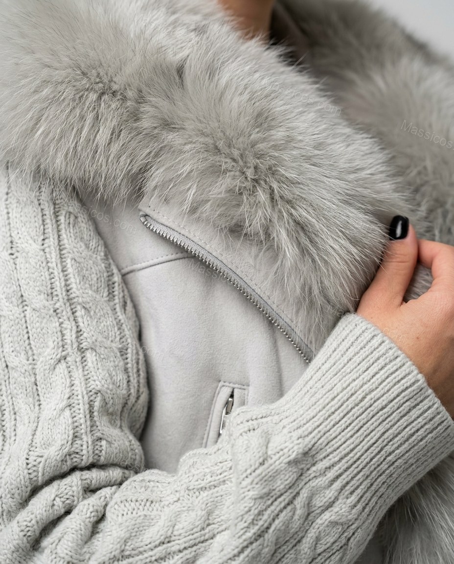 Pale Silver Grey Faux-Fur Knit Ribbed Jacket, close-up of faux fur trim, cable knit sleeves and gathered hem, by Massicos