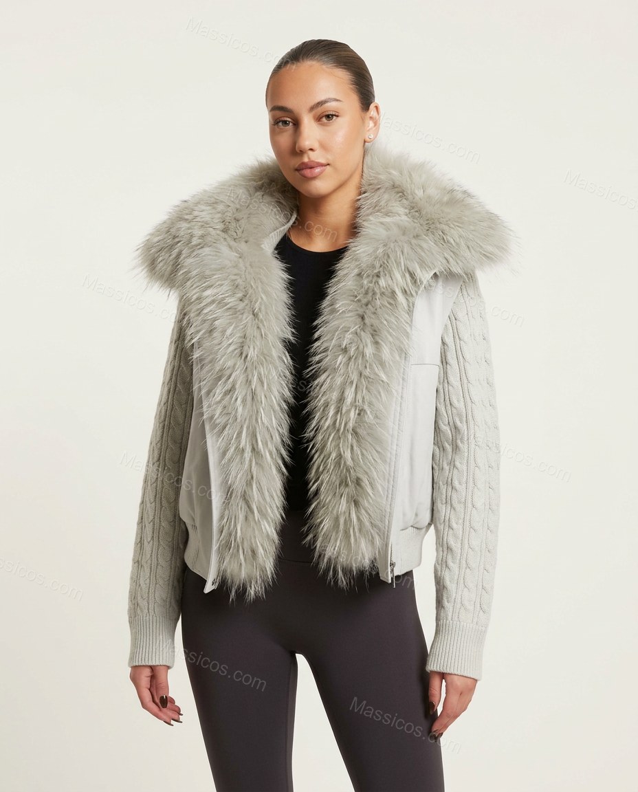 Pale Silver Grey Faux-Fur Knit Ribbed Jacket, front studio view, by Massicos
