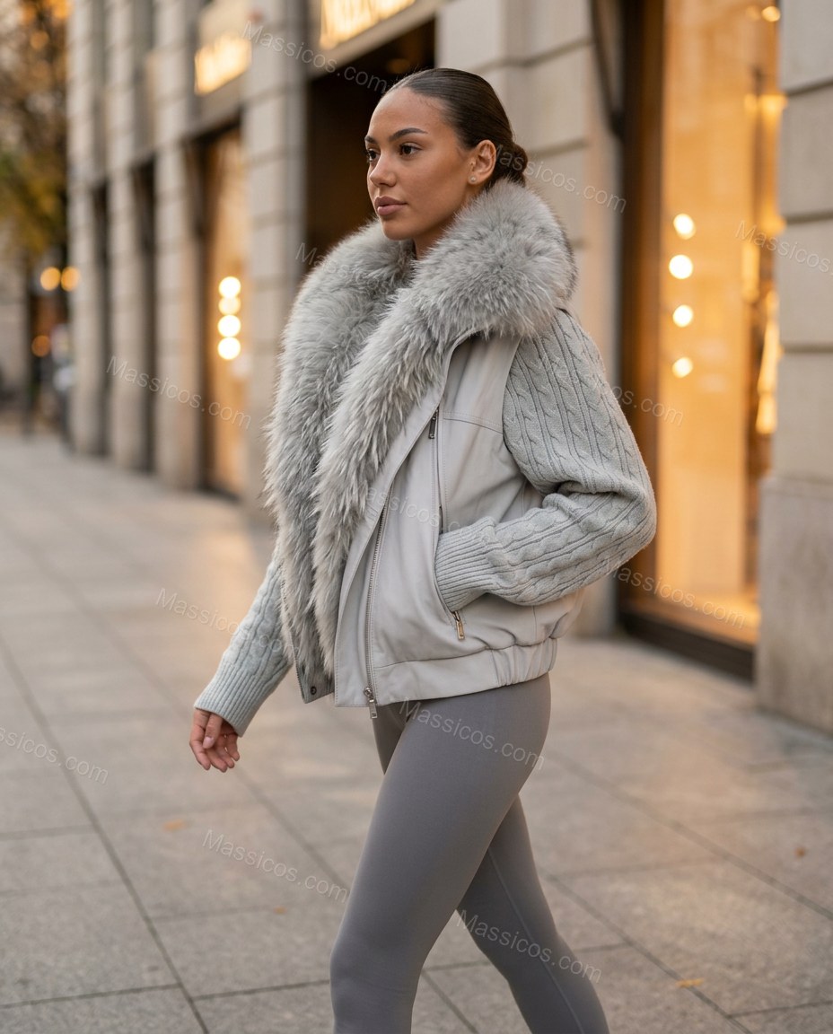 Pale Silver Grey Faux-Fur Knit Ribbed Jacket, movement and fit lifestyle view, by Massicos