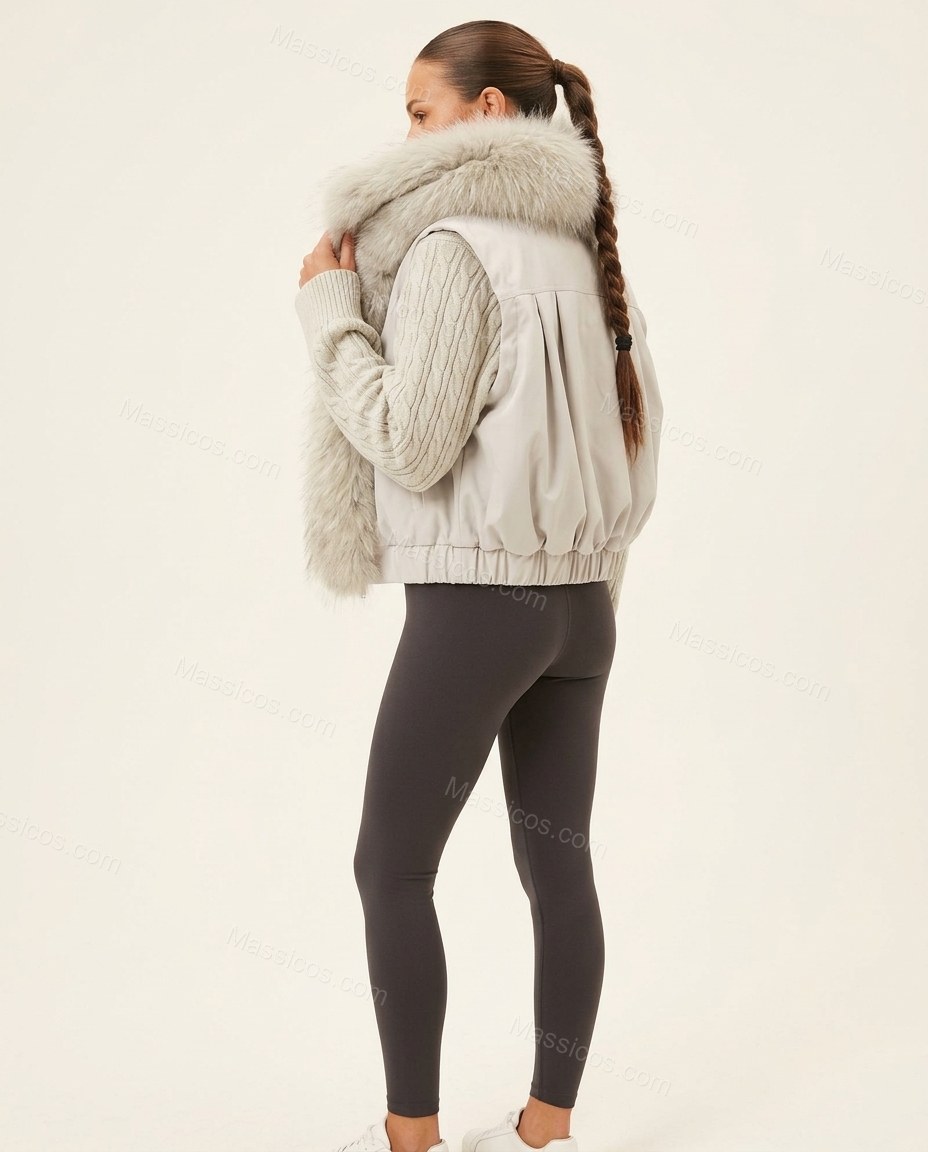 Pale Silver Grey Faux-Fur Knit Ribbed Jacket, back studio view, by Massicos