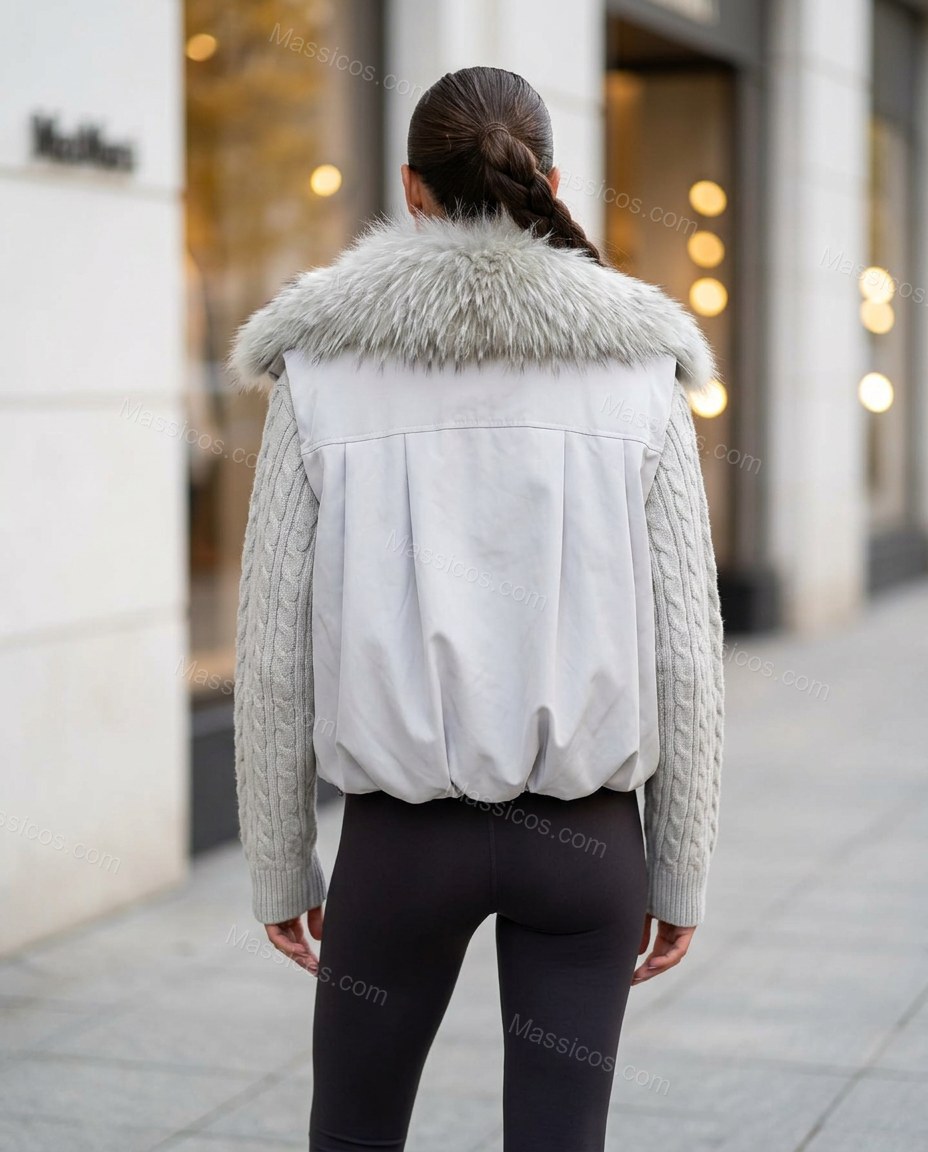 Pale Silver Grey Faux-Fur Knit Ribbed Jacket, three-quarter brand lifestyle view, by Massicos