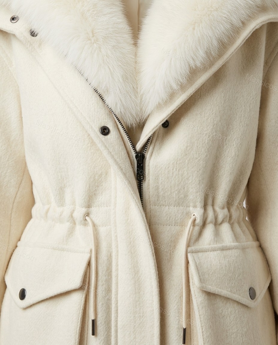 Ivory White Faux-Fur Outerwear, close-up of dark grey accents, faux fur trim and hood, by Massicos