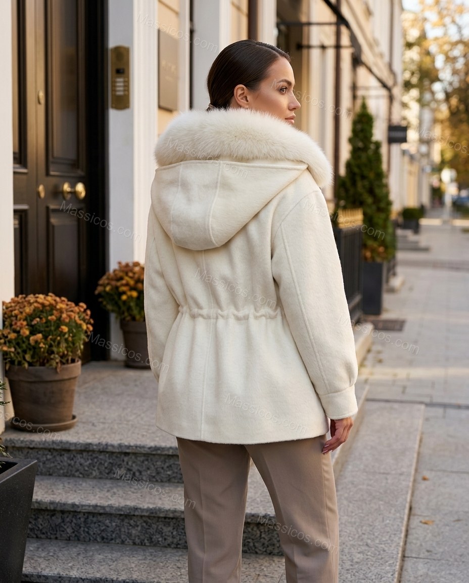 Ivory White Faux-Fur Outerwear, three-quarter brand lifestyle view, by Massicos