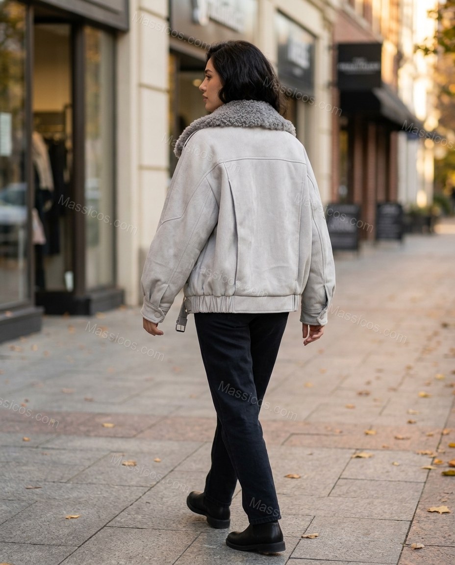Pale Grey Jacket, walking lifestyle view, by Massicos