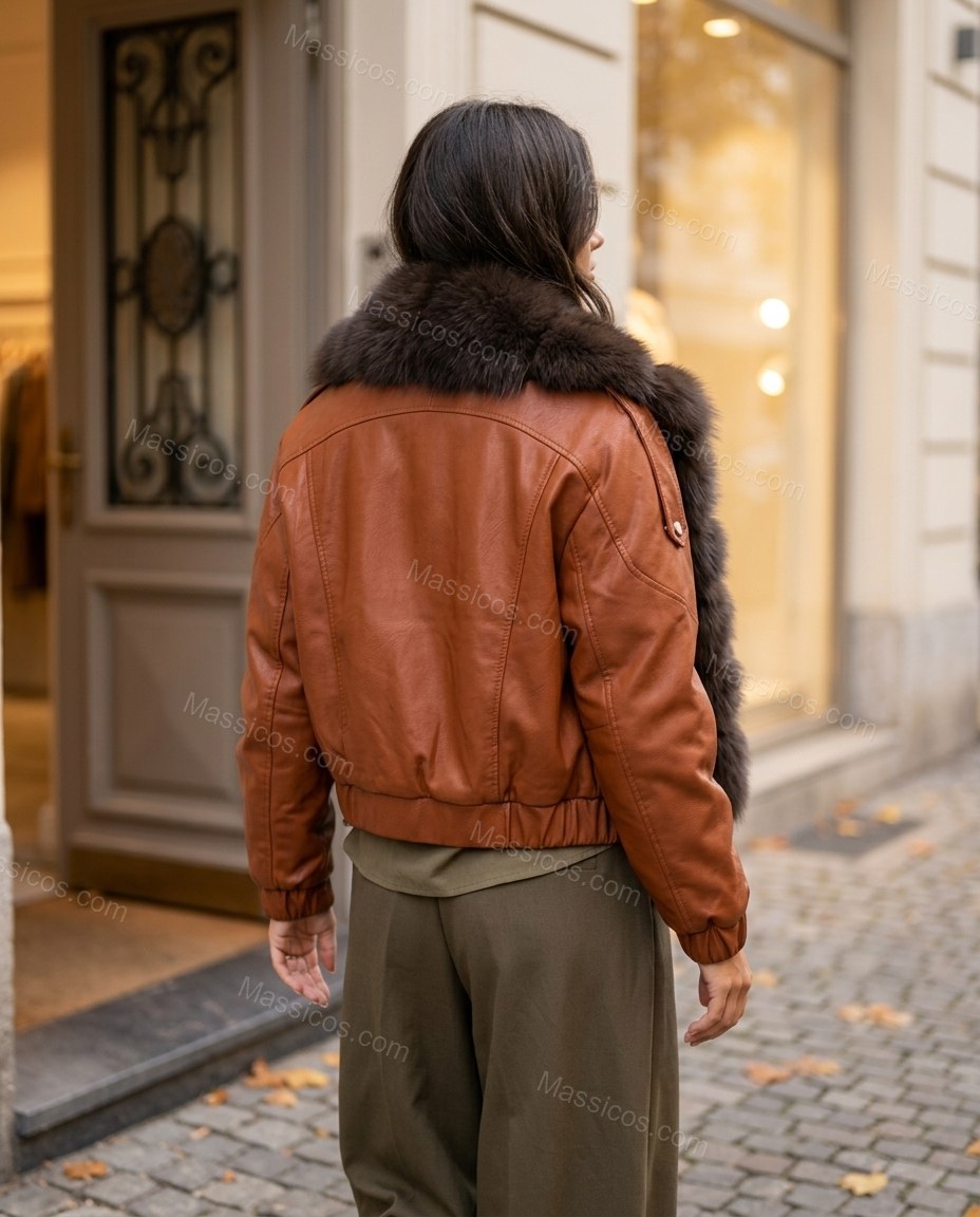 Rust Cognac Brown Jacket, three-quarter brand lifestyle view, by Massicos