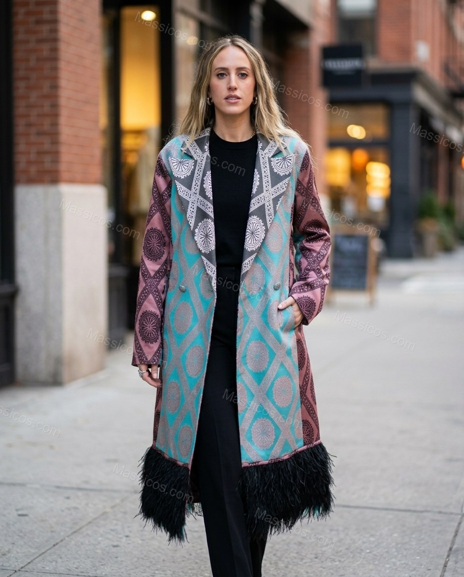Teal Fringe Outerwear, walking lifestyle view, by Massicos