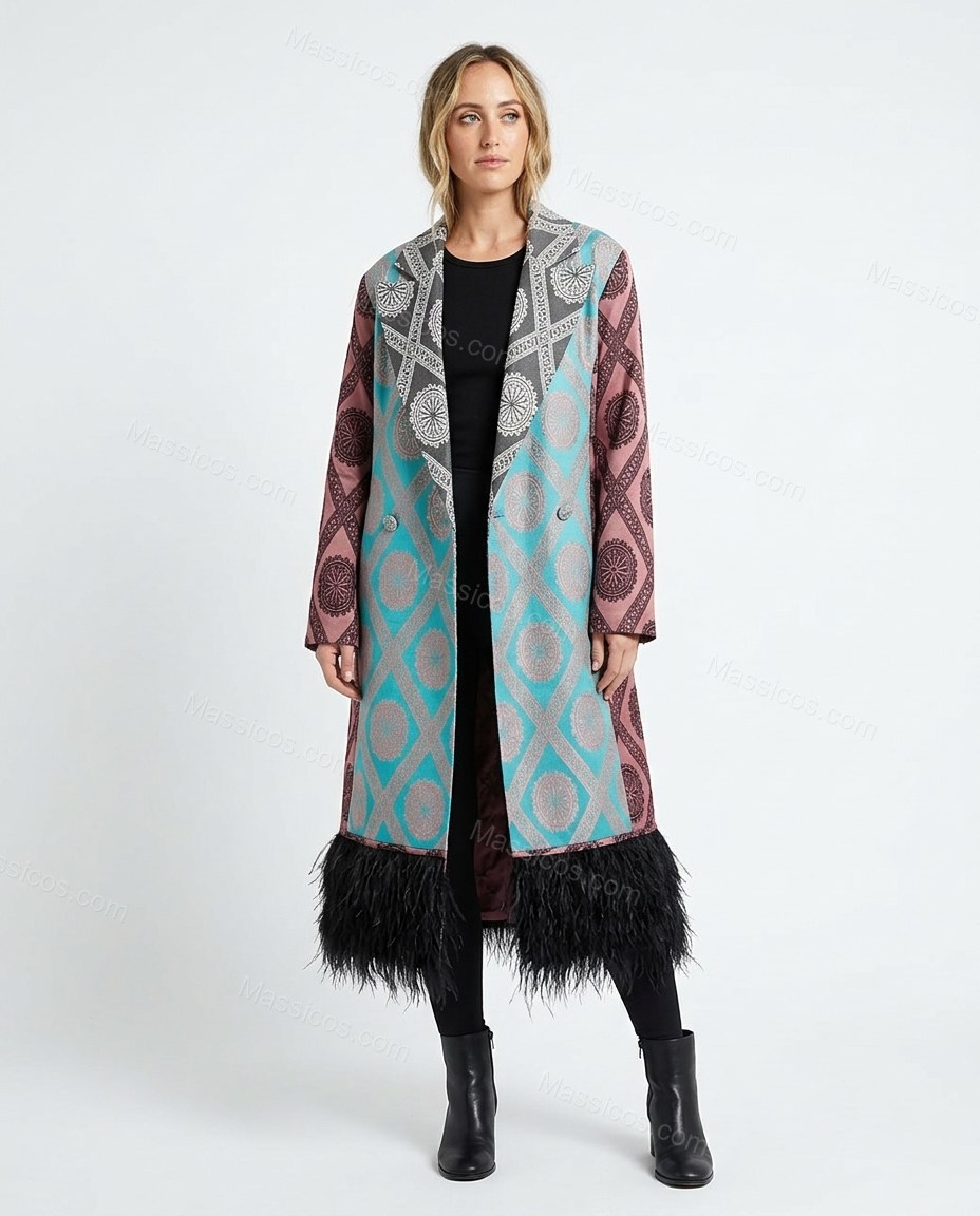 Teal Fringe Outerwear, side and back studio view, by Massicos