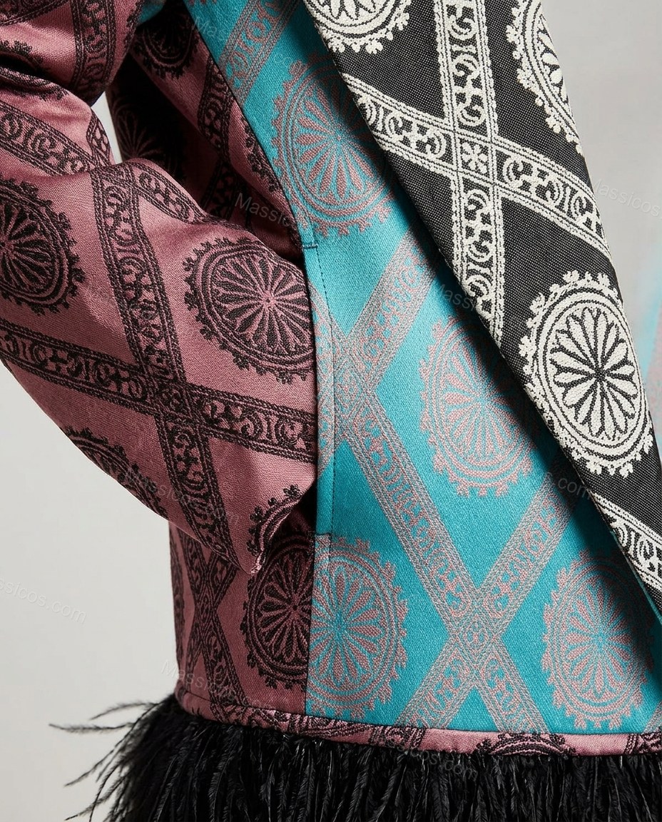 Teal Fringe Outerwear, close-up of pink and black accents, fringe trim and tie-waist belt, by Massicos