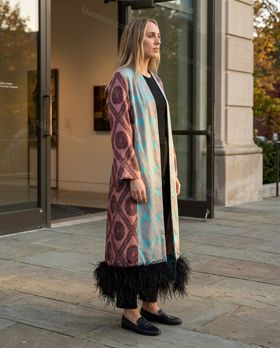 Teal Fringe Outerwear, movement and fit lifestyle view, by Massicos