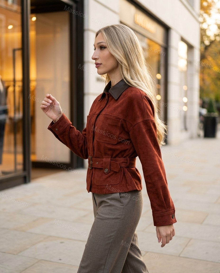 Rust Jacket, walking lifestyle view, by Massicos
