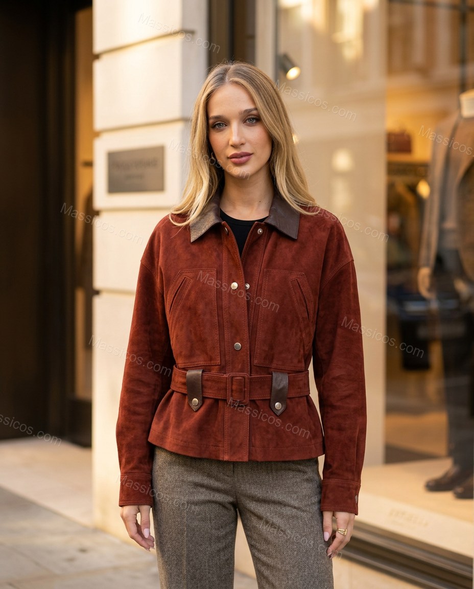 Rust Jacket, three-quarter brand lifestyle view, by Massicos