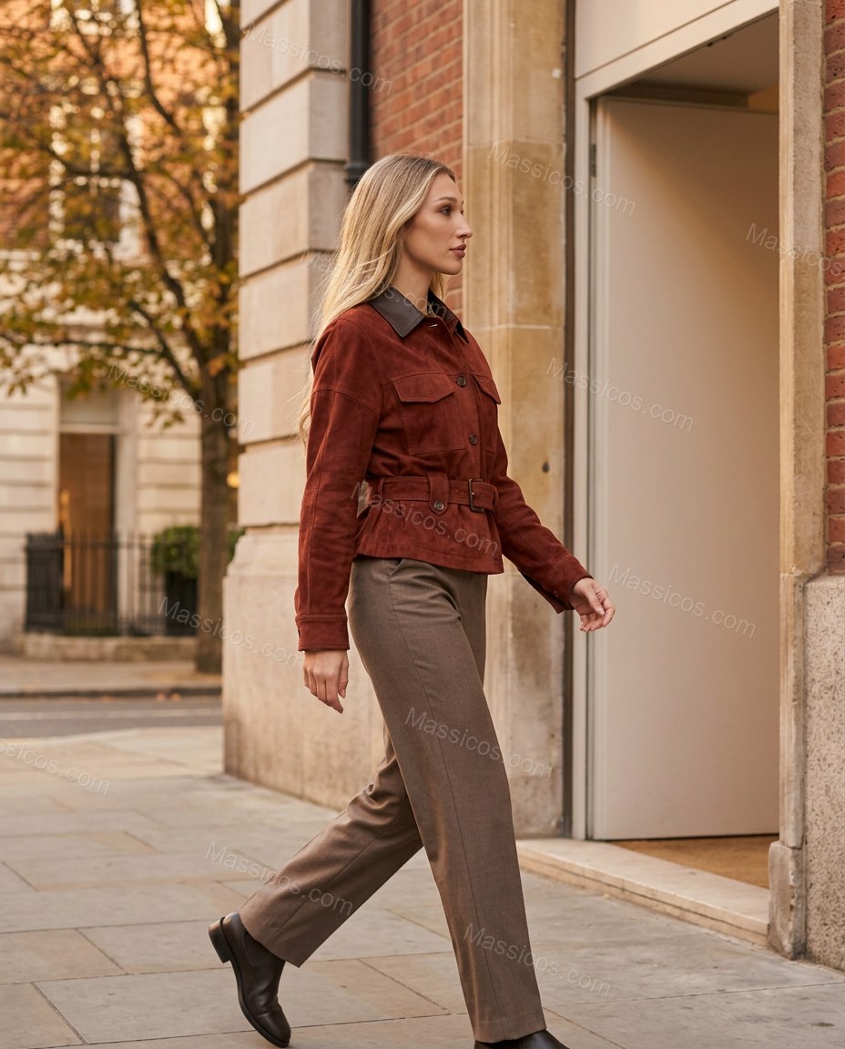 Rust Jacket, movement and fit lifestyle view, by Massicos