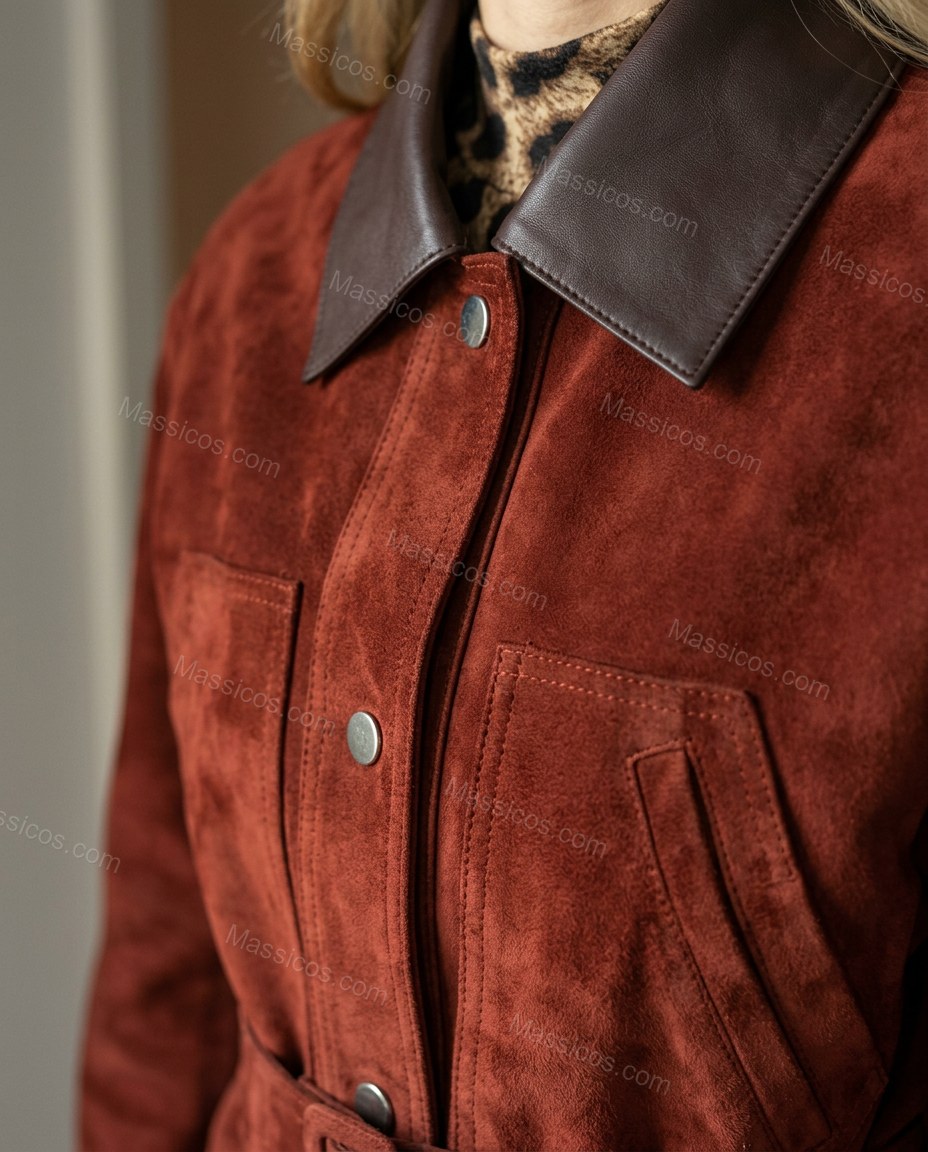 Rust Jacket, close-up of dark brown accents, front button closure and point collar, by Massicos