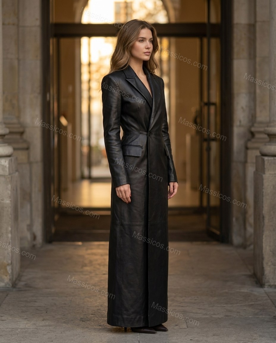 Long Black Leather-Look Belted Trench Coat by Massicos