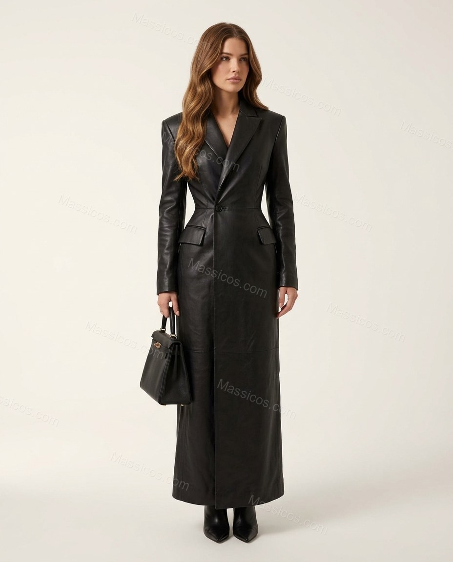 Long Black Leather-Look Belted Trench Coat by Massicos