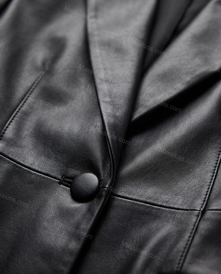 Long Black Leather-Look Belted Trench Coat by Massicos