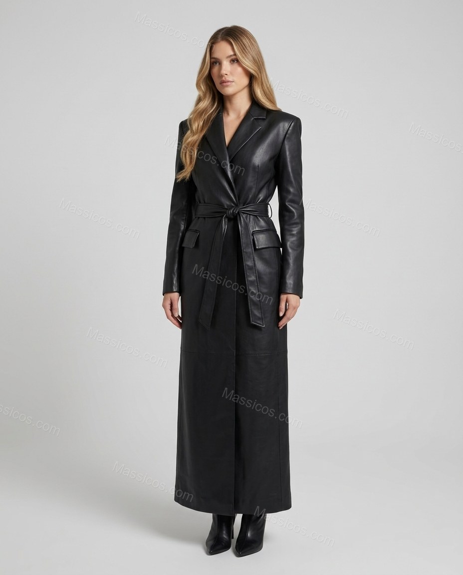 Long Black Leather-Look Belted Trench Coat by Massicos