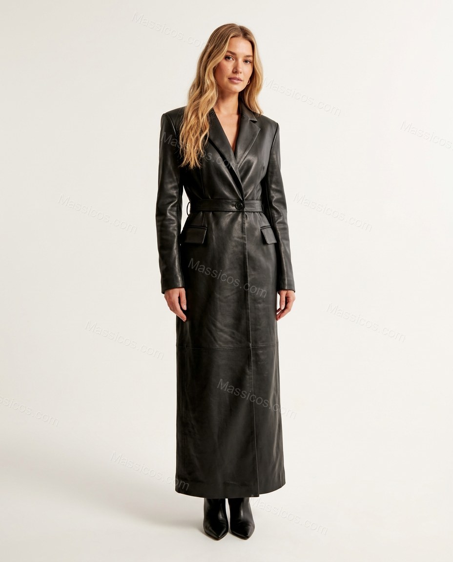 Long Black Leather-Look Belted Trench Coat by Massicos