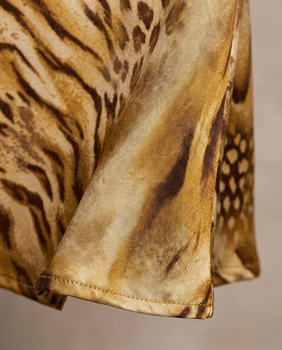 Gold Satin Dress, close-up of sweetheart neckline, spaghetti straps and mixed animal print, by Massicos