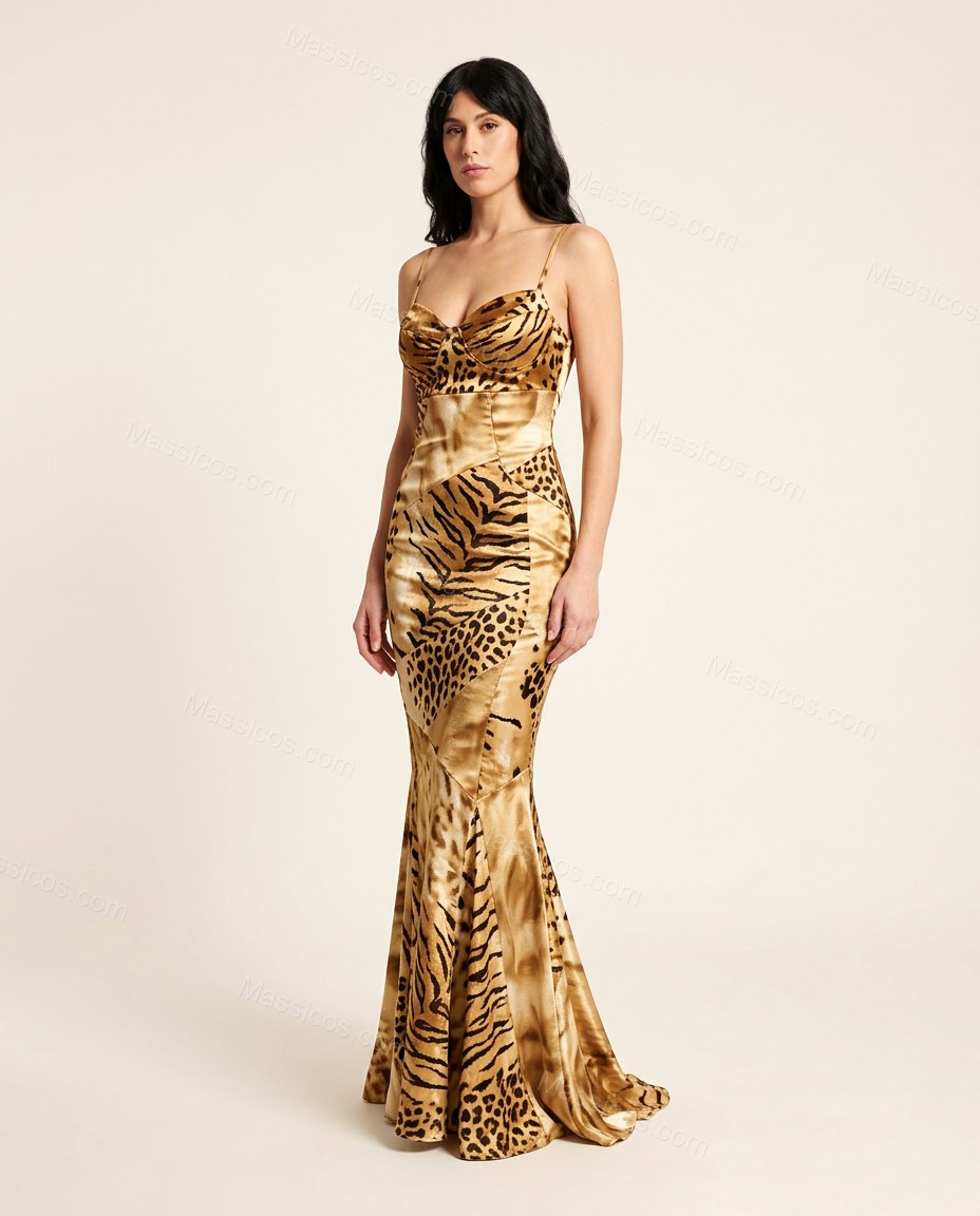 Gold Satin Dress, side and back studio view, by Massicos